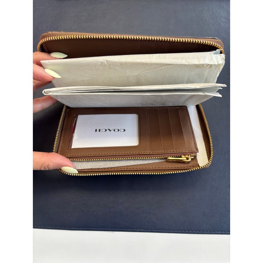Coach Signature Zip Around Wallet Brown Canvas Leather PVC Gold Tone New - Picture 4 of 6